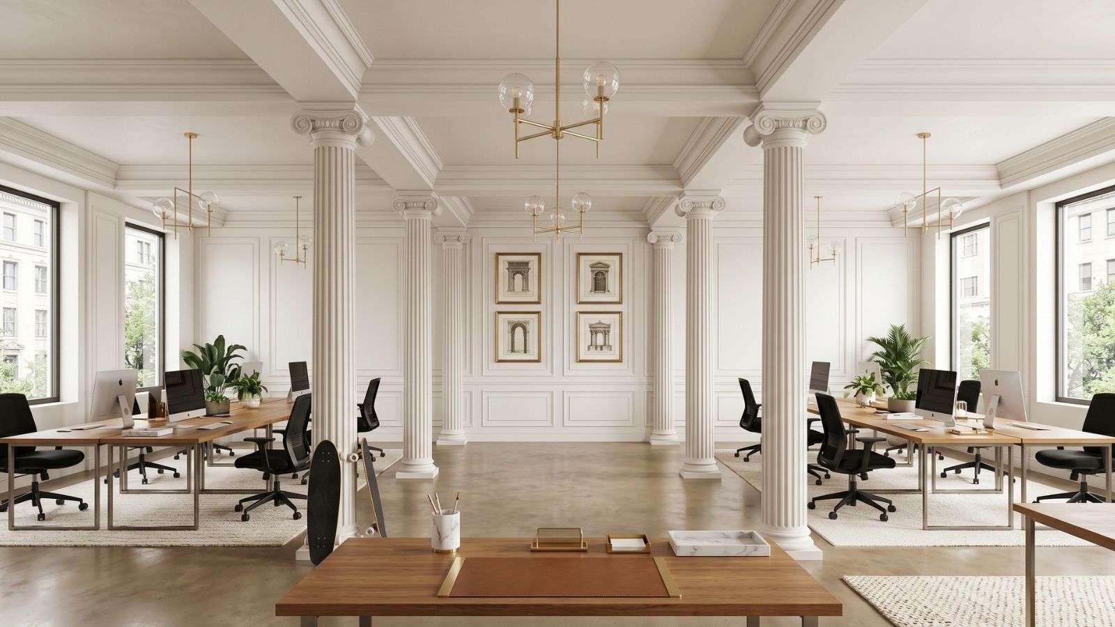 thiết kế đối xứng giữa các cặp cột trụ và tranh ảnh trong văn phòng tân cổ điển