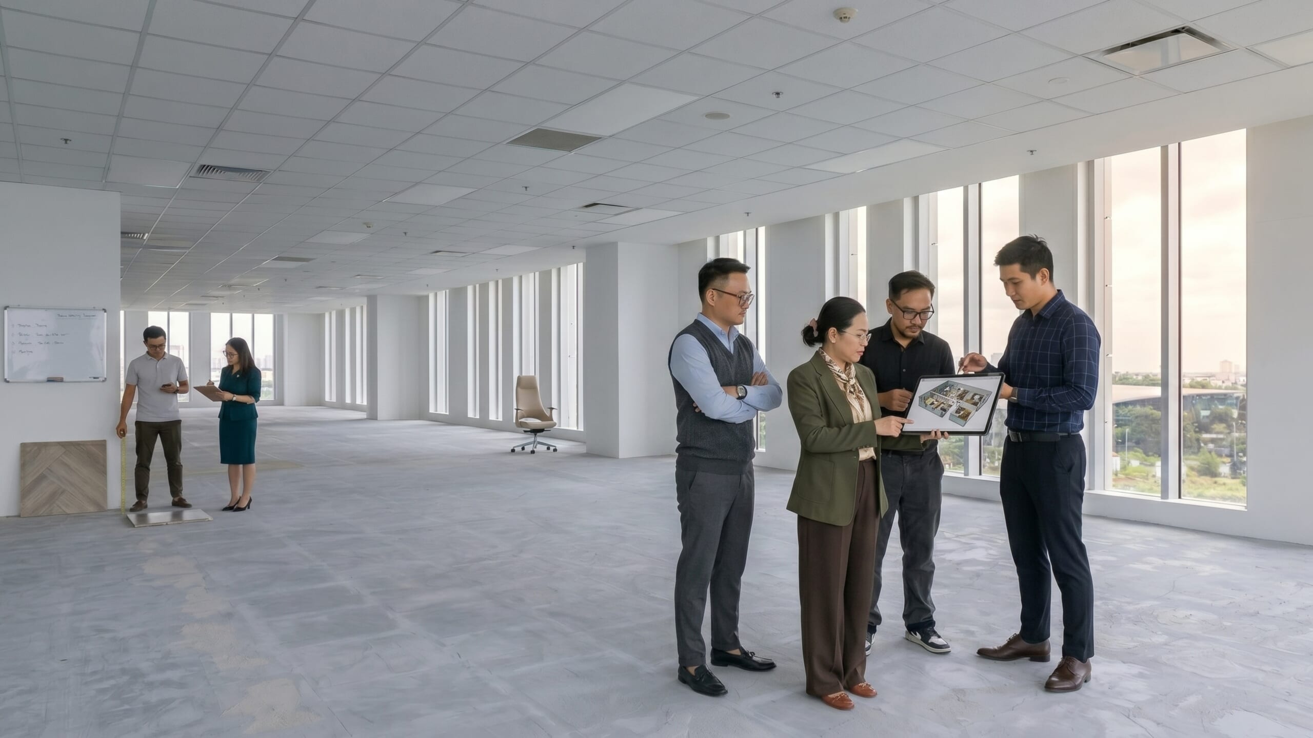 Nhóm chuyên gia khảo sát hiện trạng mặt bằng văn phòng trống, kiểm tra không gian và thảo luận phương án cải tạo trước khi thi công.
