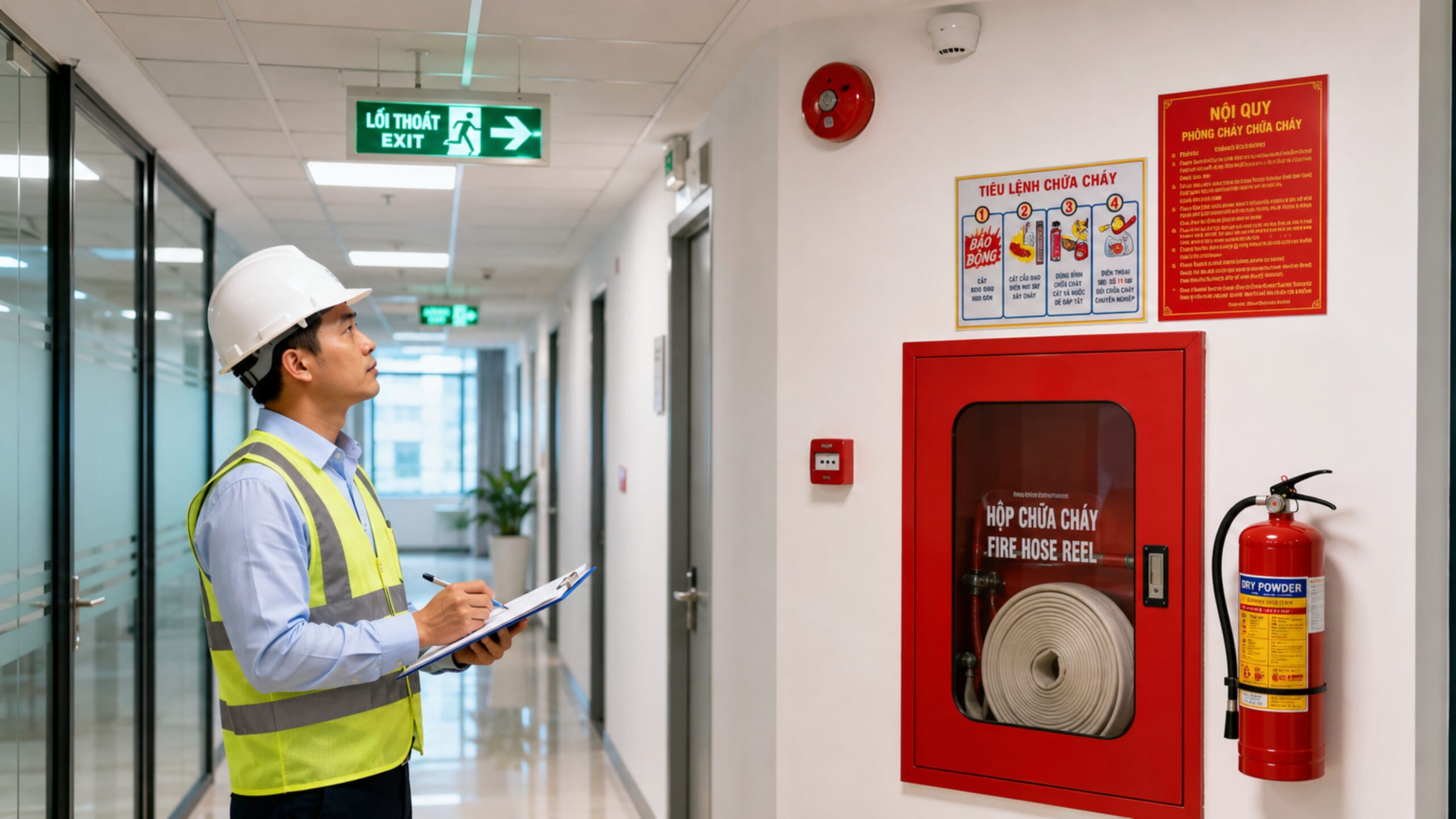 Nhân viên kỹ thuật kiểm tra hệ thống PCCC văn phòng với biển lối thoát hiểm, tủ chữa cháy, bình cứu hỏa và nội quy phòng cháy chữa cháy.
