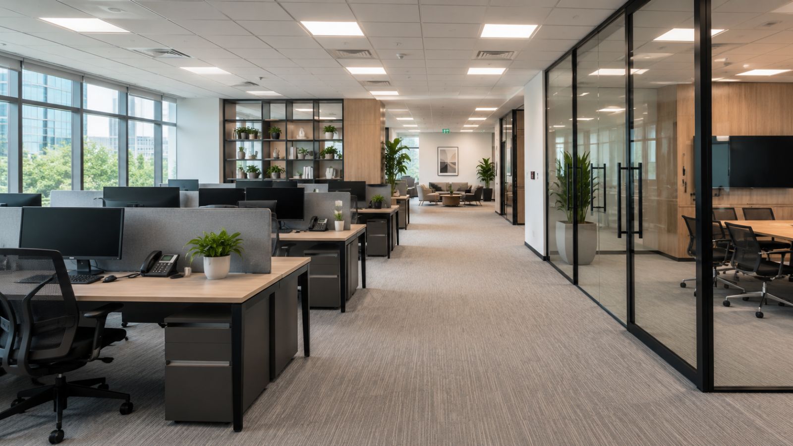 Completed office workspace with open desks, glass meeting rooms, ceiling lighting, and clean corporate interior design