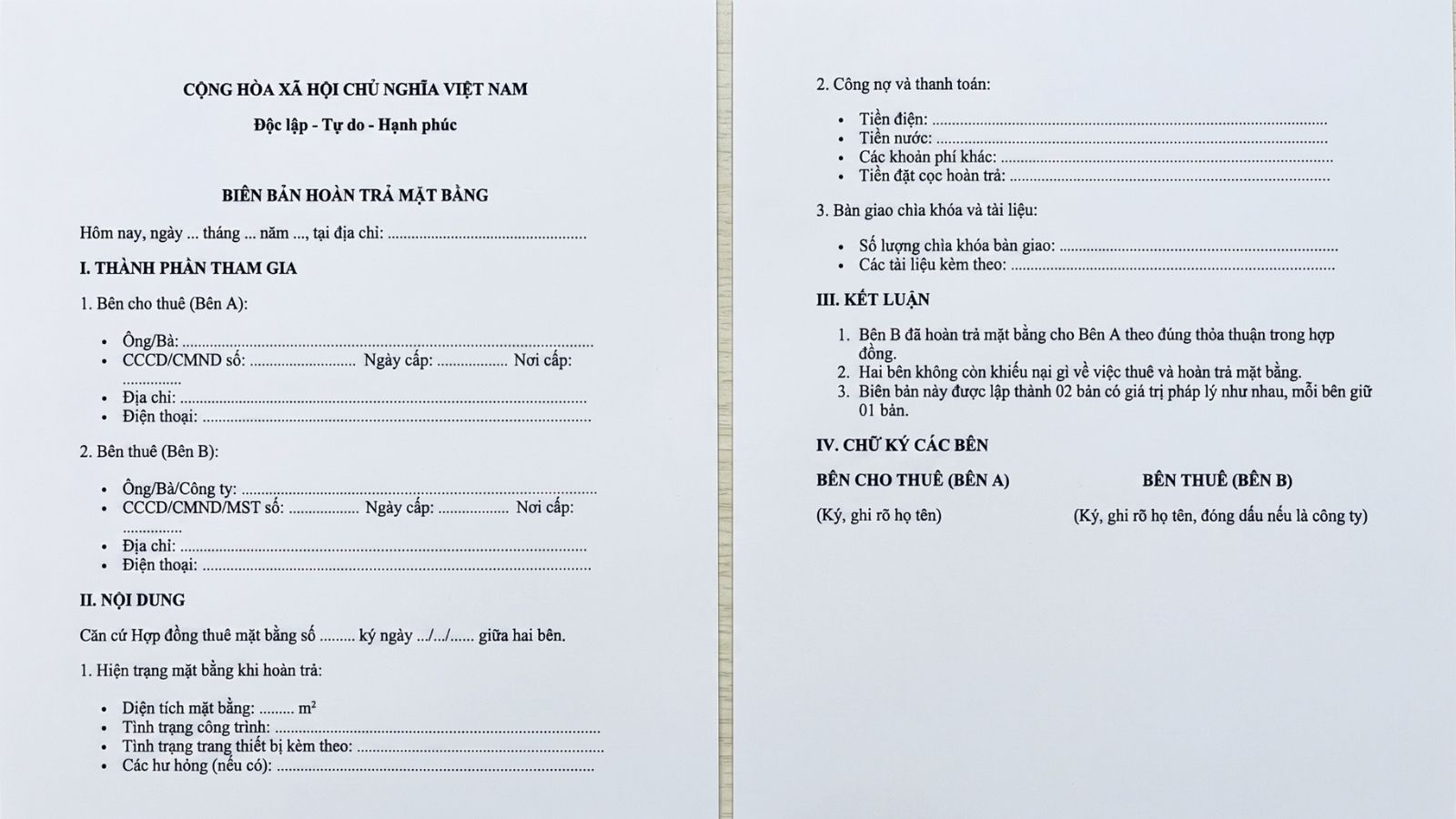 Mẫu biên bản hoàn trả mặt bằng văn phòng với đầy đủ thông tin bên thuê, bên cho thuê, hiện trạng và chữ ký xác nhận