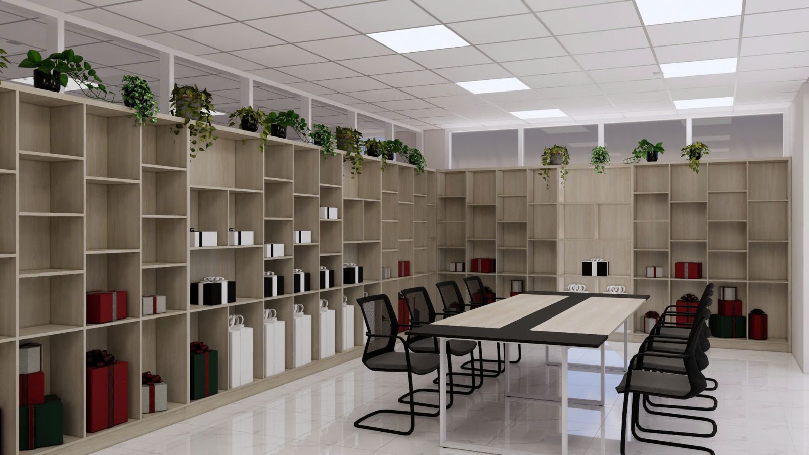 Khu vực trao đổi, trưng bày của văn phòng với tông màu gỗ đơn giản