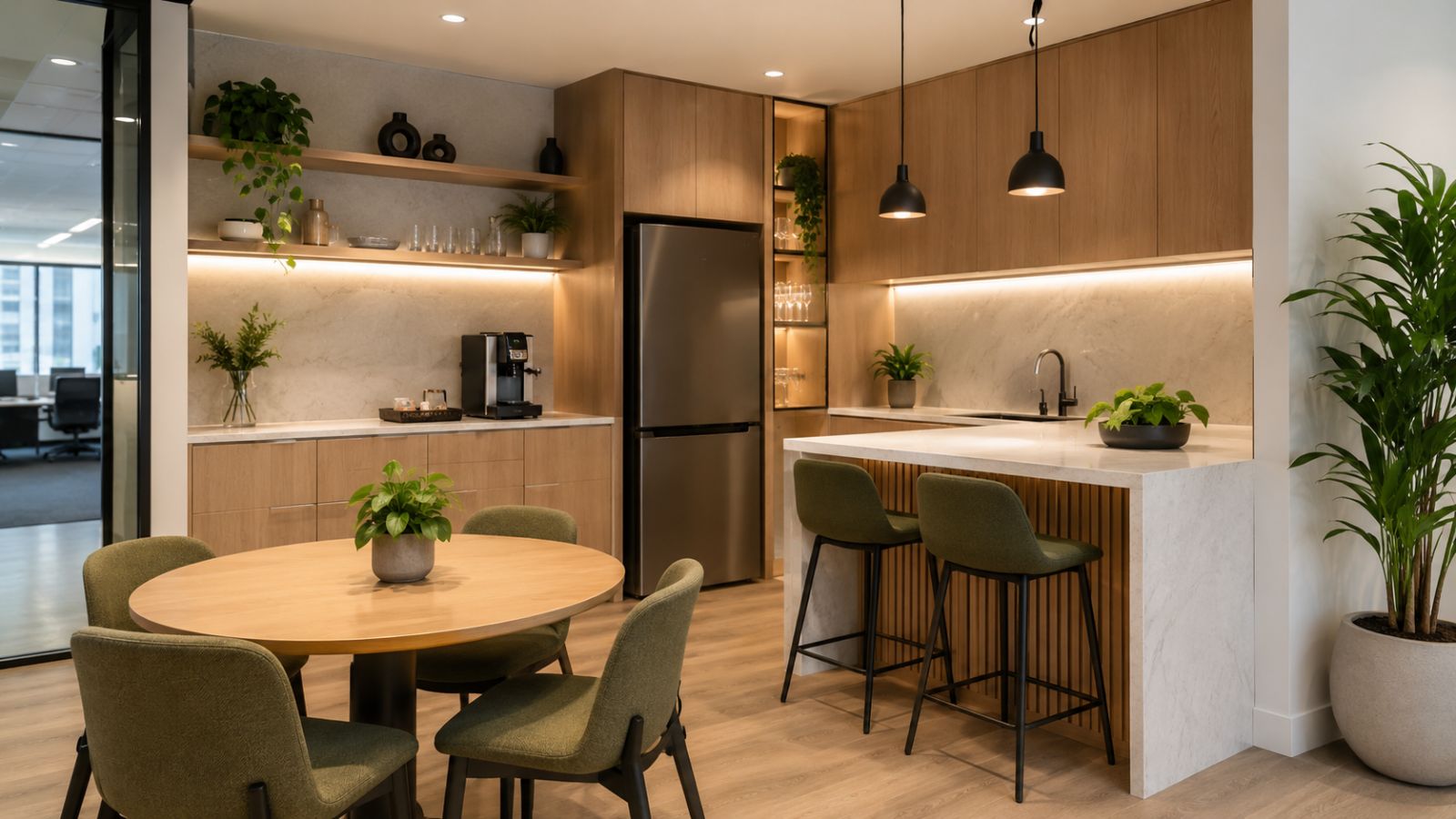 Mẫu thiết kế khu pantry văn phòng giao dịch hiện đại cho nhân viên