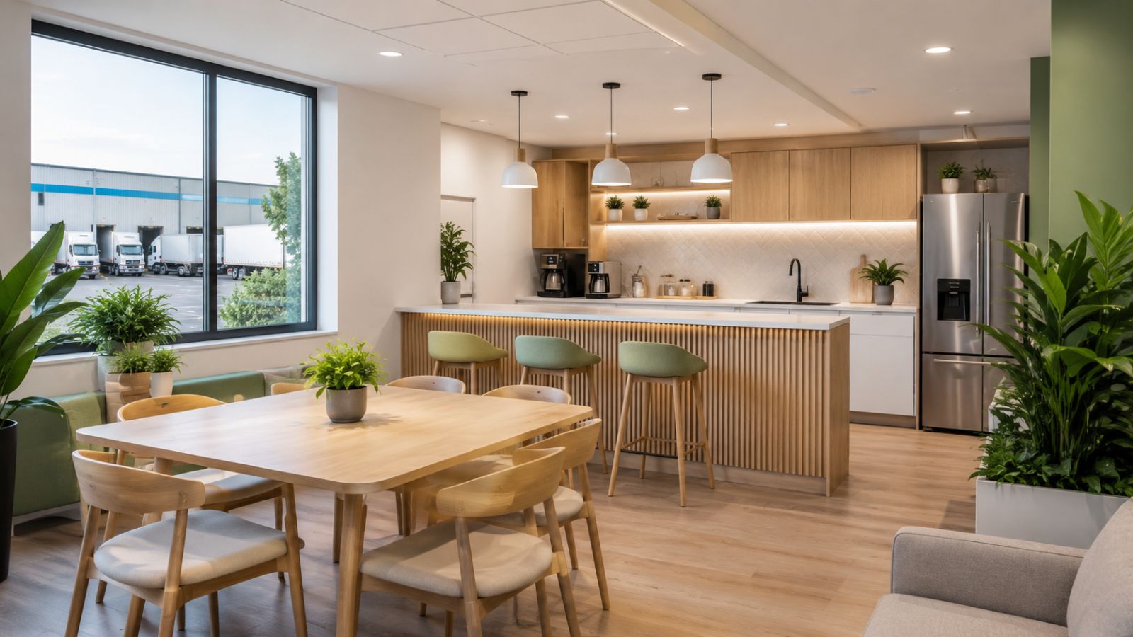 Mẫu thiết kế khu Pantry văn phòng tiện ích Logistics nghi