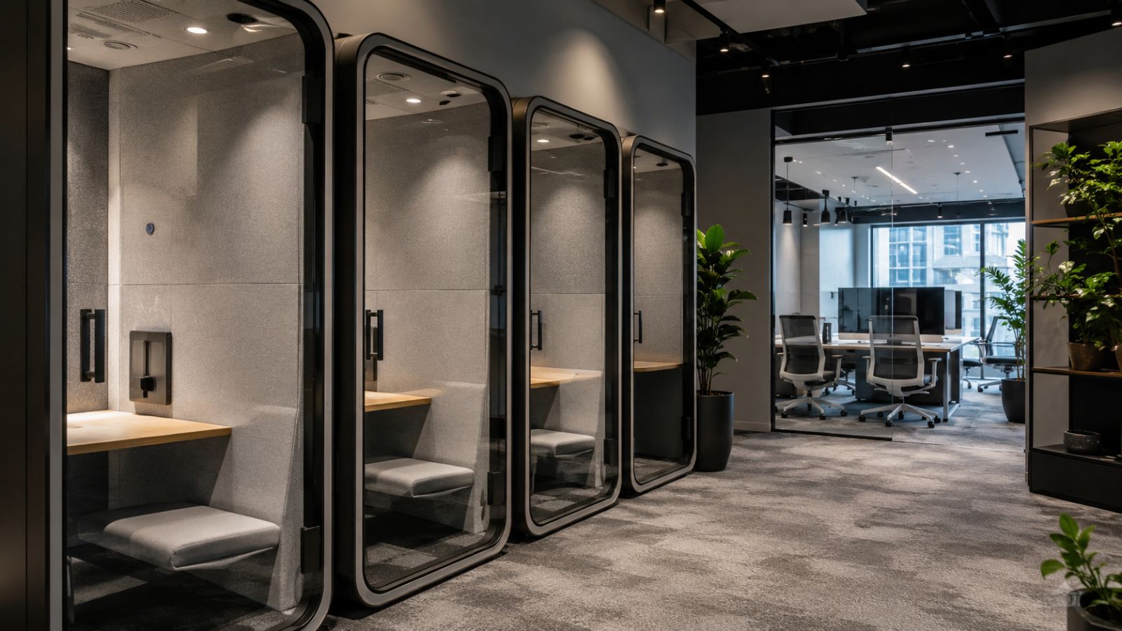Mẫu thiết kế khu phone booth và họp trực tuyến trong văn phòng công ty nước ngoài