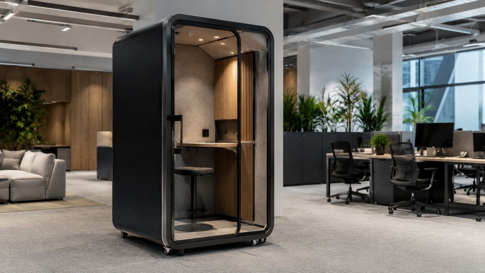 Phone booth di động trang bị hệ thống bánh xe chịu lực