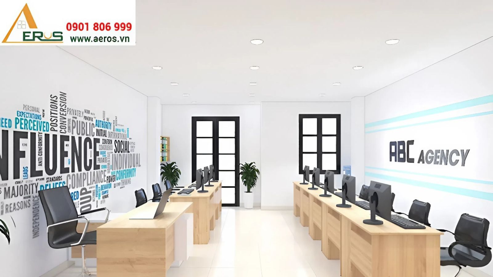 Top 5 Công Ty Thiết Kế Nội Thất Văn Phòng Đồng Nai Uy Tín 2026 9 Thiết kế nội thất văn phòng open space hiện đại bàn gỗ tự nhiên tường tranh chữ nghệ thuật - Aeros