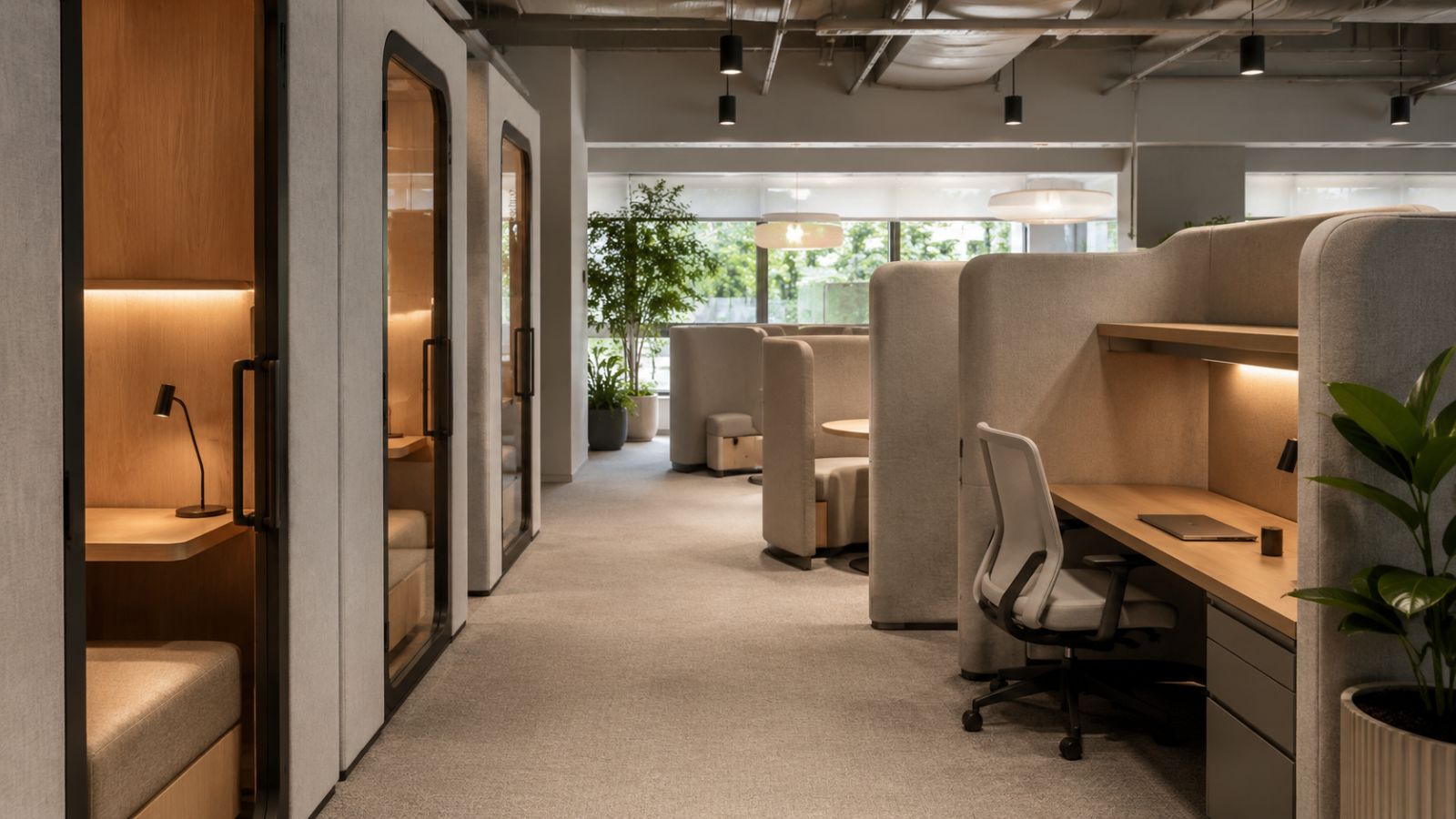 Top 7+ Xu Hướng Thiết Kế Coworking Space Thịnh Hành Hiện Nay 8 Bố trí các buồng điện thoại cách âm trong văn phòng