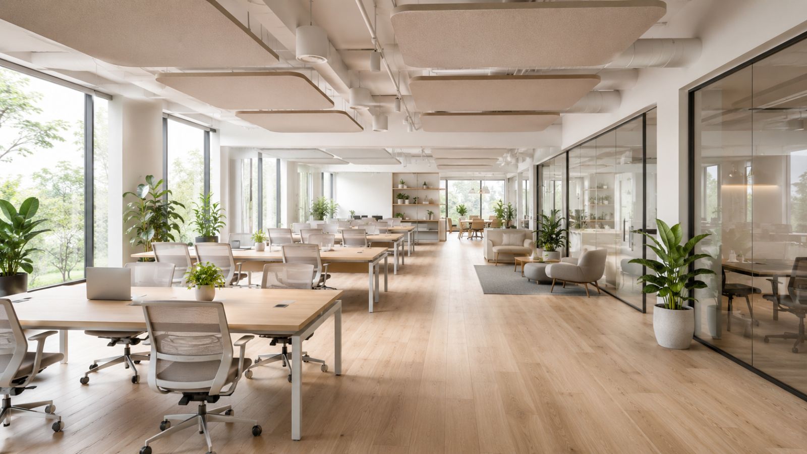 Top 7+ Xu Hướng Thiết Kế Coworking Space Thịnh Hành Hiện Nay 7 Sử dụng bảng màu trung tính chuẩn mực gồm trắng, xám xi măng, beige kết hợp cùng ánh sáng tự nhiên
