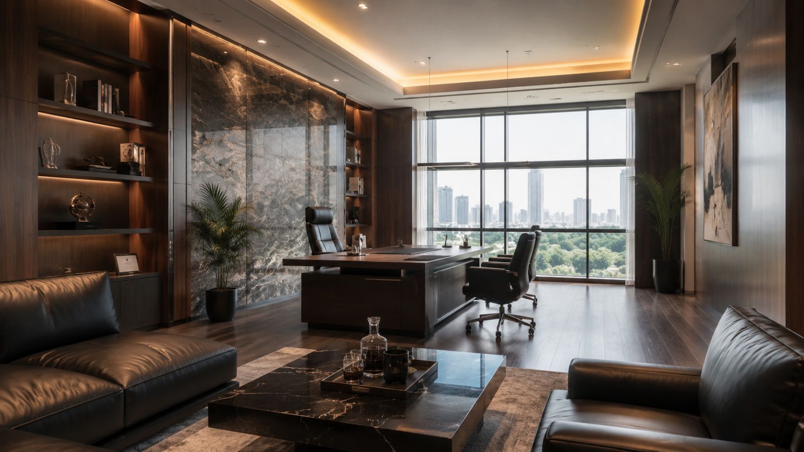 55+ Mẫu Thiết Kế Văn Phòng 500m2 Hiện Đại Nhất 2026 6 Thiết kế phòng giám đốc thường hướng đến sự sang trọng, uy nghiêm với các tông màu trầm như gỗ óc chó và da thuộc