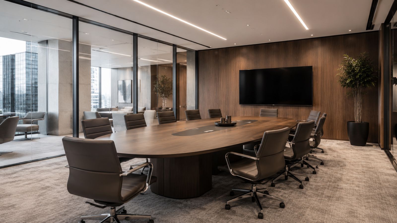 55+ Mẫu Thiết Kế Văn Phòng 500m2 Hiện Đại Nhất 2026 5 Thiết kế phòng hợp sử dụng nội thất gỗ và ghế da
