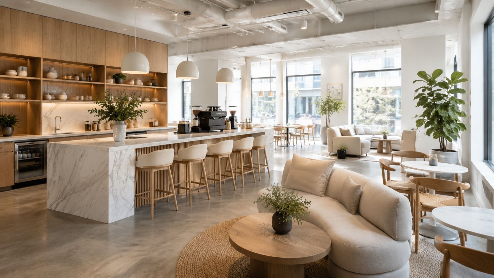 Top 7+ Xu Hướng Thiết Kế Coworking Space Thịnh Hành Hiện Nay 11 Tích hợp khu vực pantry màu be sáng