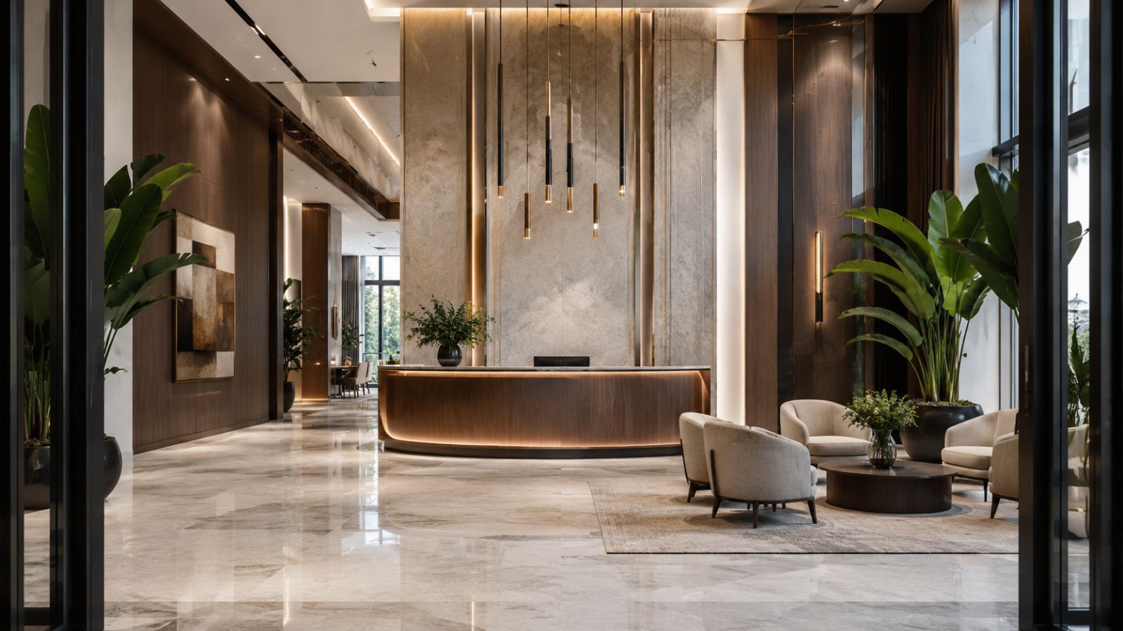 55+ Mẫu Thiết Kế Văn Phòng 500m2 Hiện Đại Nhất 2026 3 Sử dụng hệ đèn thả ở khu vực lễ tân