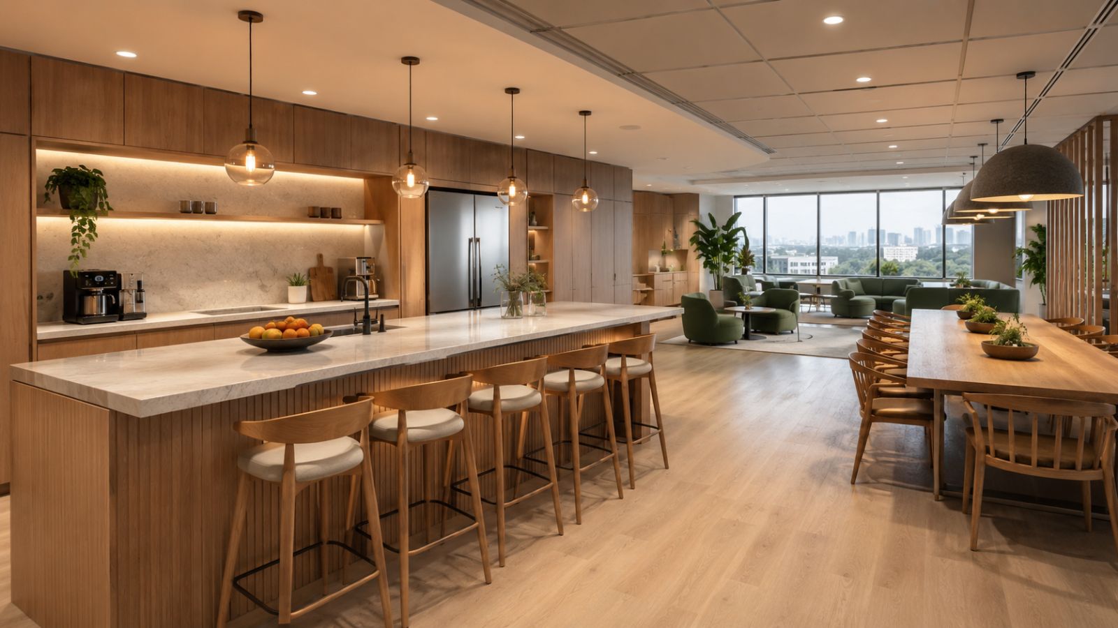 55+ Mẫu Thiết Kế Văn Phòng 500m2 Hiện Đại Nhất 2026 7 Thiết kế khu vực pantry với tone nâu ấm cúng