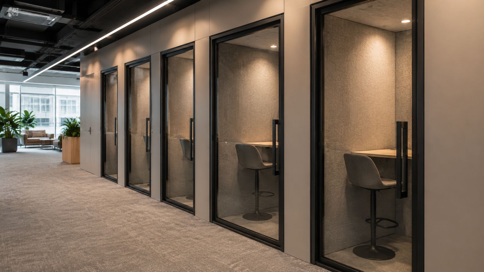 55+ Mẫu Thiết Kế Văn Phòng 500m2 Hiện Đại Nhất 2026 8 Sử dụng các vách nỉ cách âm cho phone booth