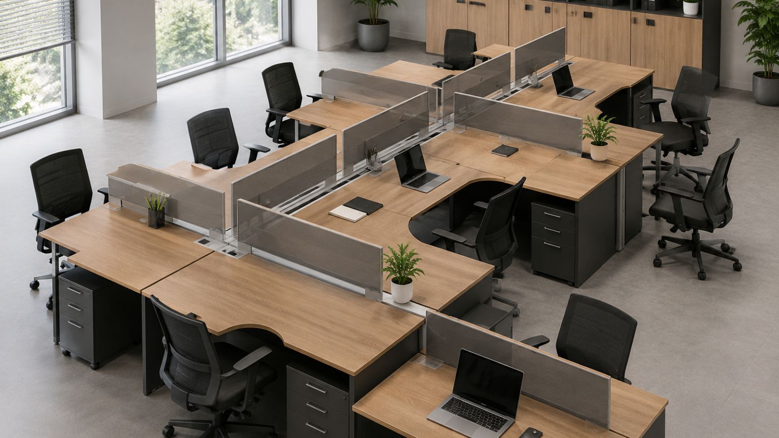 Tiêu Chuẩn Thiết Kế Diện Tích Văn Phòng Làm Việc Mới 2026 7 Sử dụng bàn làm việc cụm xếp cạnh nhau