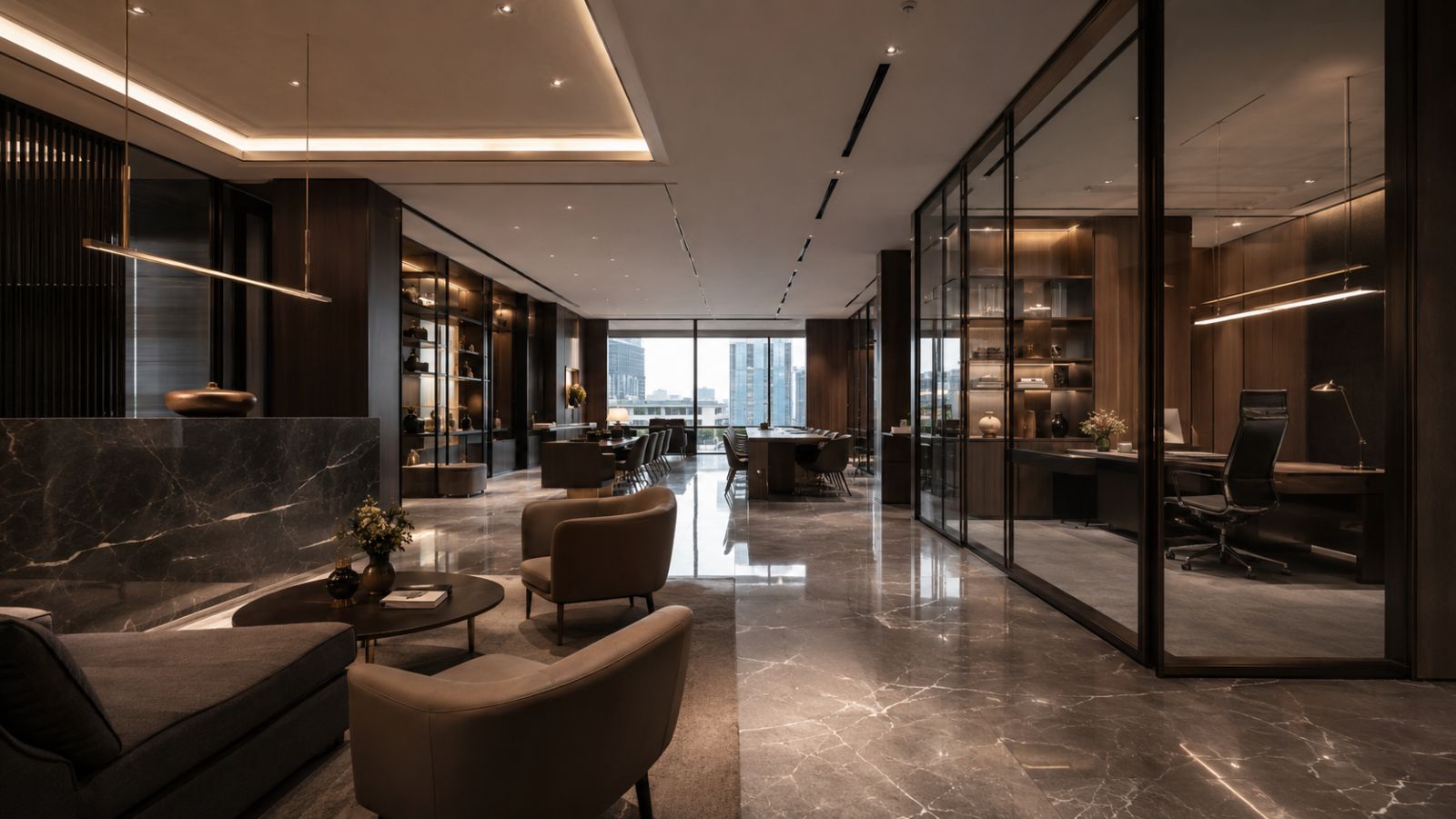 Top 7+ Xu Hướng Thiết Kế Coworking Space Thịnh Hành Hiện Nay 4 Sử dụng đá hoa văn và hệ ghế sofa bọc nỉ trong văn phòng