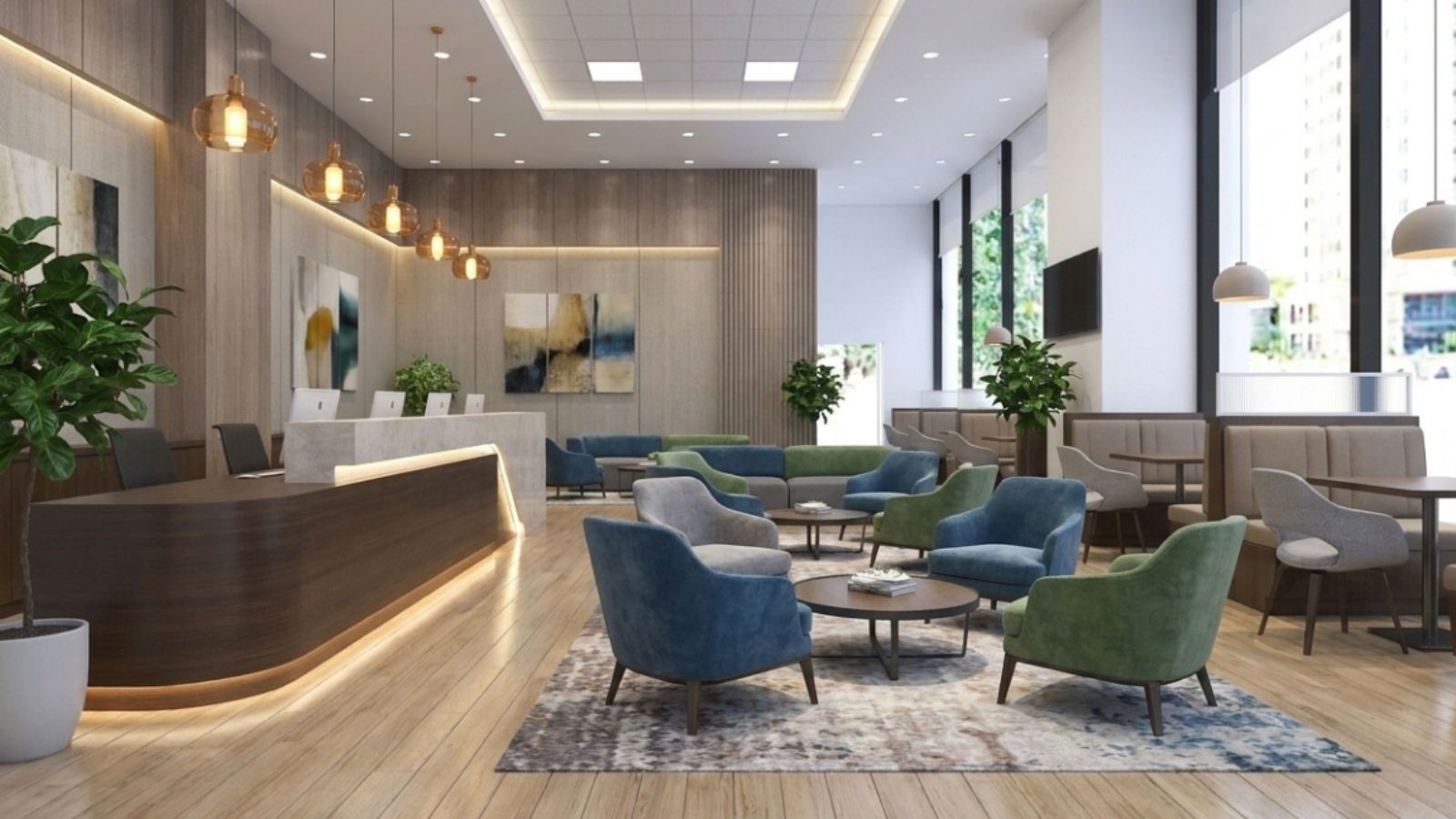 30+ Mẫu Thiết Kế Văn Phòng Tài Chính Cao Cấp, Đẹp & Hiện Đại 2026 5 Phòng giao dịch tiện nghi có ghế ngồi rộng rãi và thoáng mát