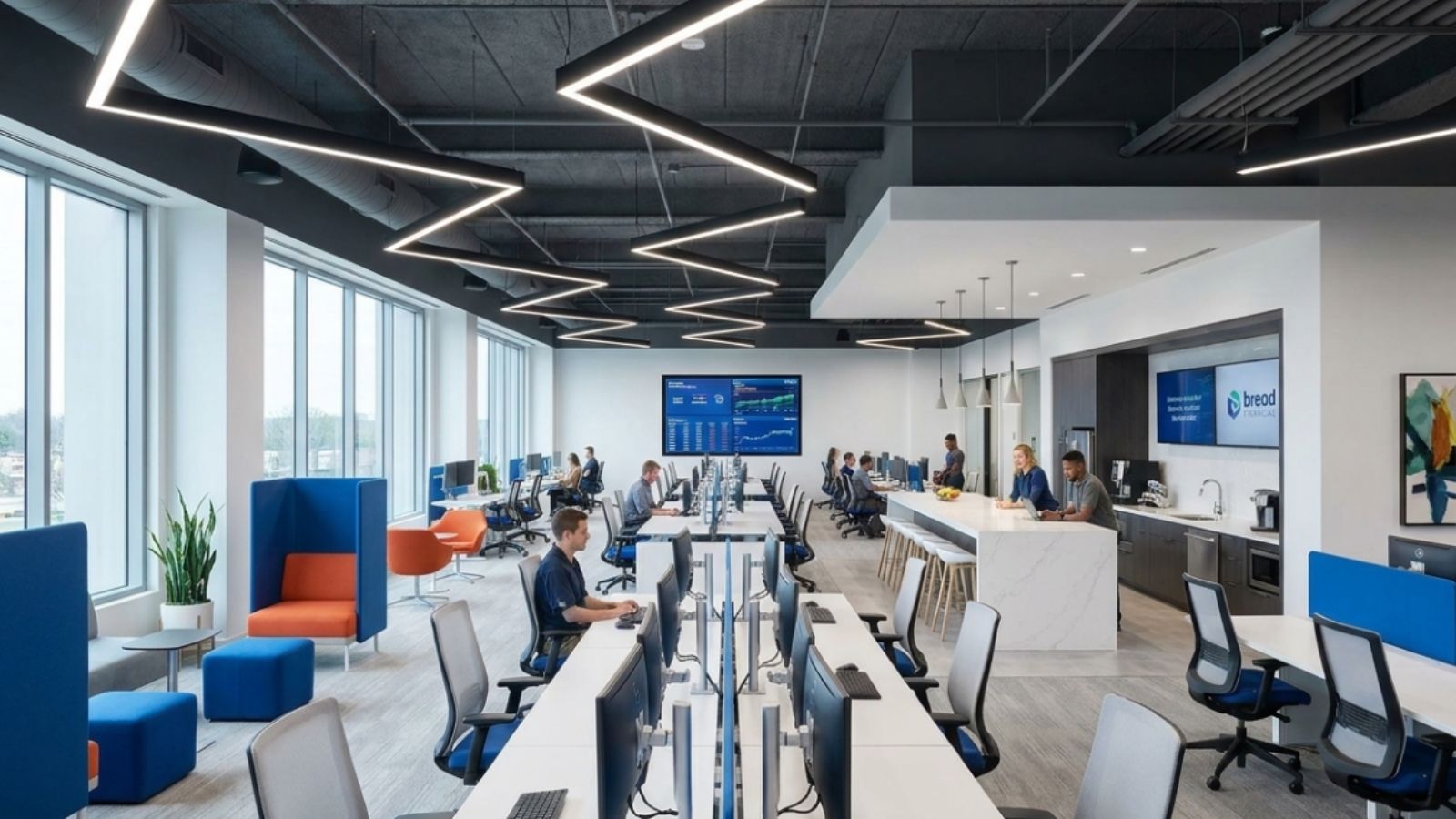 30+ Mẫu Thiết Kế Văn Phòng Tài Chính Cao Cấp, Đẹp & Hiện Đại 2026 16 Văn phòng Bread Financial - Columbus với gam màu xanh trắng cam gồm các đồ nội thất bàn ghế