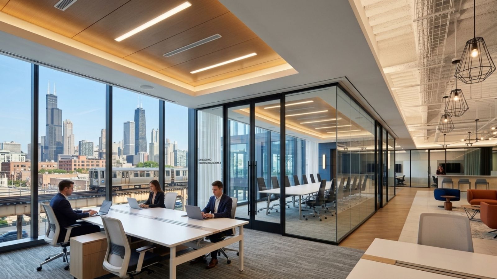 30+ Mẫu Thiết Kế Văn Phòng Tài Chính Cao Cấp, Đẹp & Hiện Đại 2026 18 Văn phòng Kroll - Chicago rộng rãi đầy đủ ánh sáng có khu pantry cho nhân viên nói chuyện trao đổi