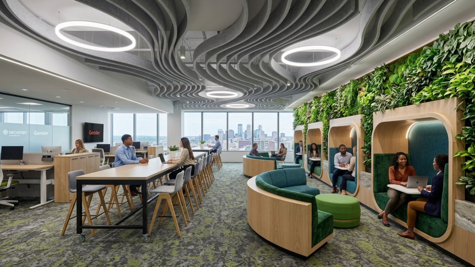 30+ Mẫu Thiết Kế Văn Phòng Tài Chính Cao Cấp, Đẹp & Hiện Đại 2026 15 Văn phòng Securian Financial - St. Paul thiết kế hình cong kết hợp cây xanh và nhiều đồ nội thất như bàn ghế,...