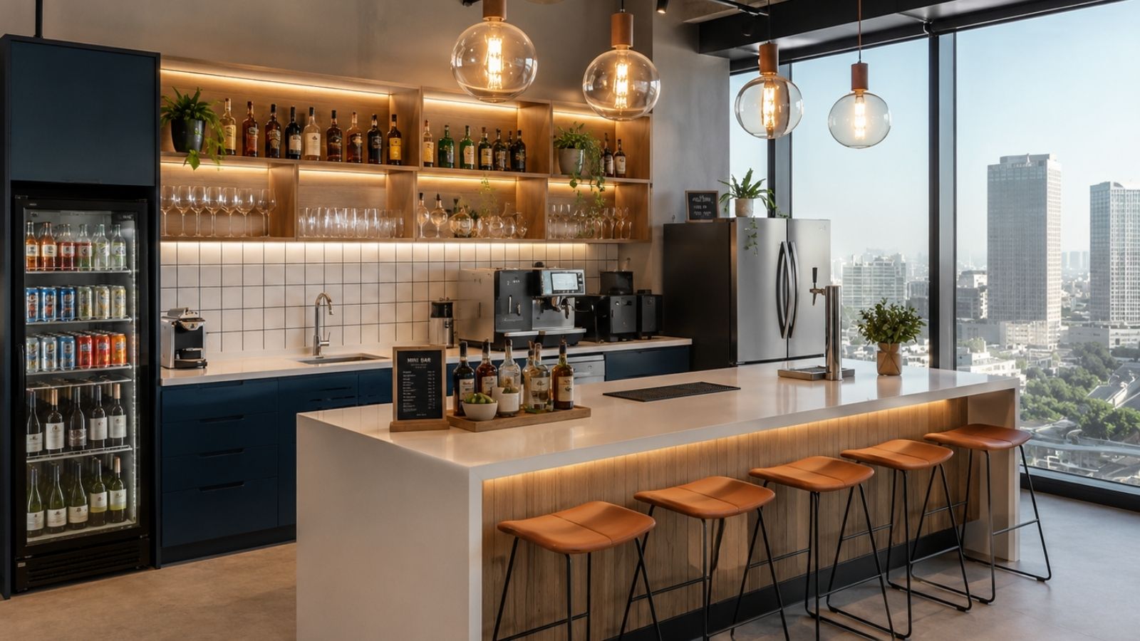 quầy bar mini được kết hợp với nước giải khát, rượu,...
