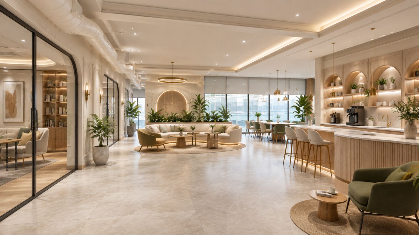 Khu vực pantry và lounge văn phòng phong cách Châu Âu với quầy bar đá marble, sofa cong tông be, kệ vòm trang trí cây xanh và đèn pendant vàng đồng