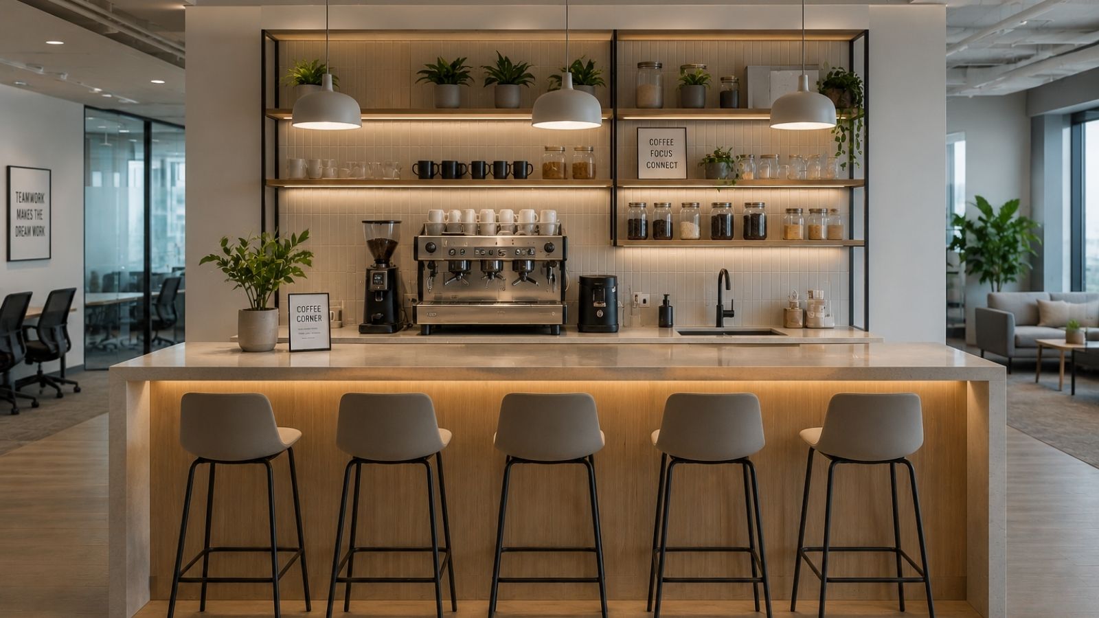 Pantry với quầy cafe mini trong văn phòng