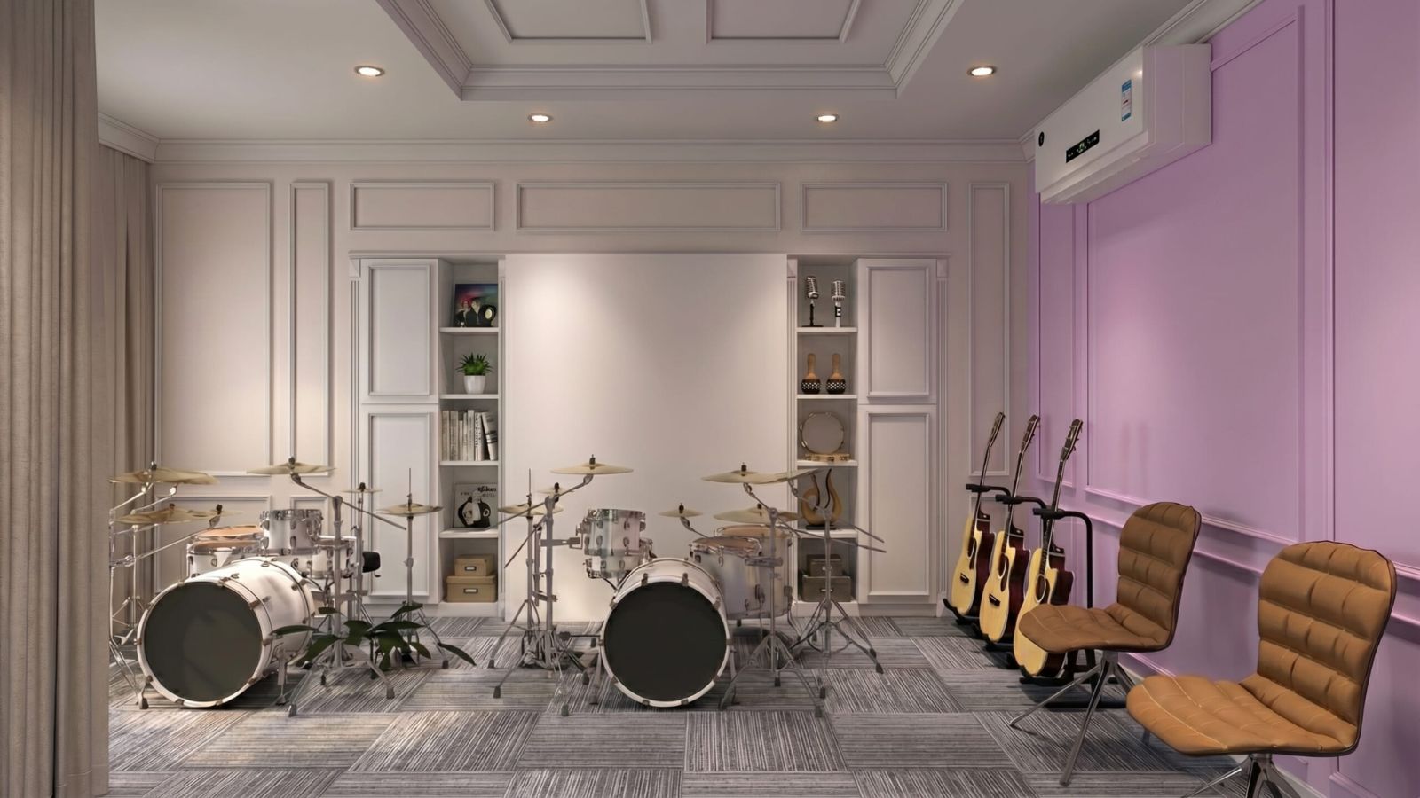 Phòng tập nhạc nội thất văn phòng Yamaha tại TP.HCM với bộ trống, guitar và tường tím pastel