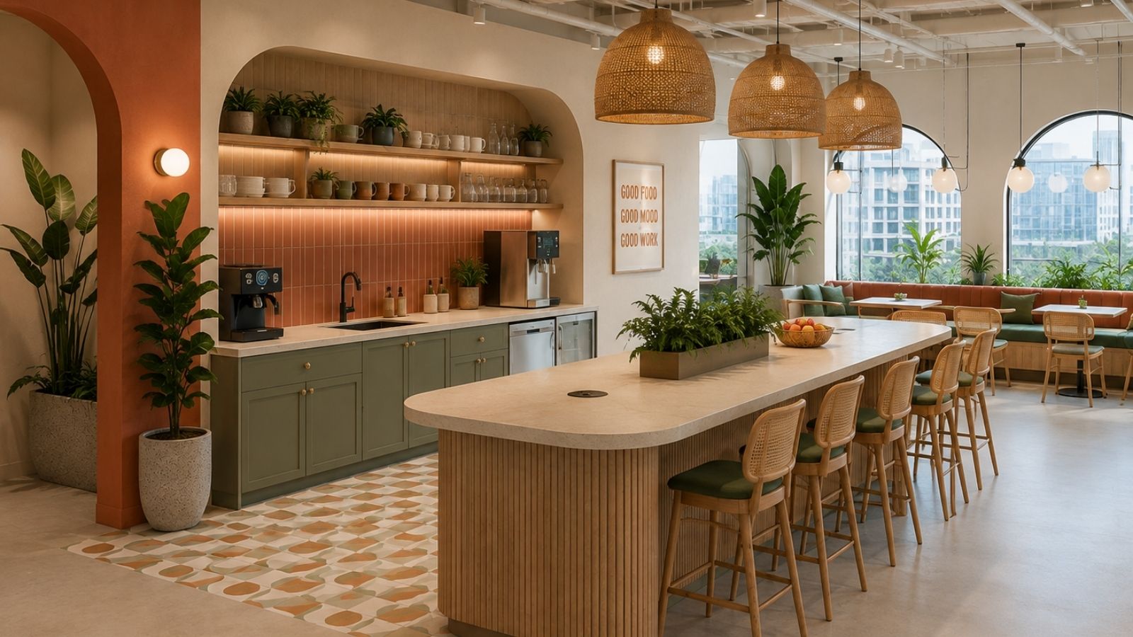 Một đảo bếp vừa phải được tích hợp trong khu vực pantry với tone màu đỏ trắng