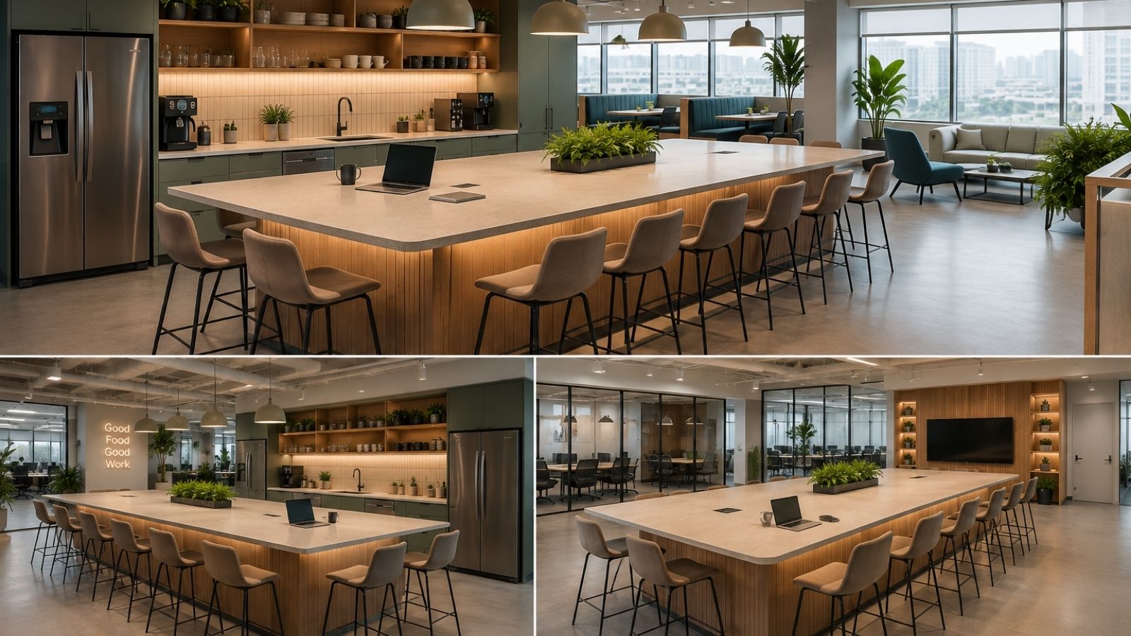 Pantry kết hợp với đảo bếp lớn với nhiều ghế cao xung quanh