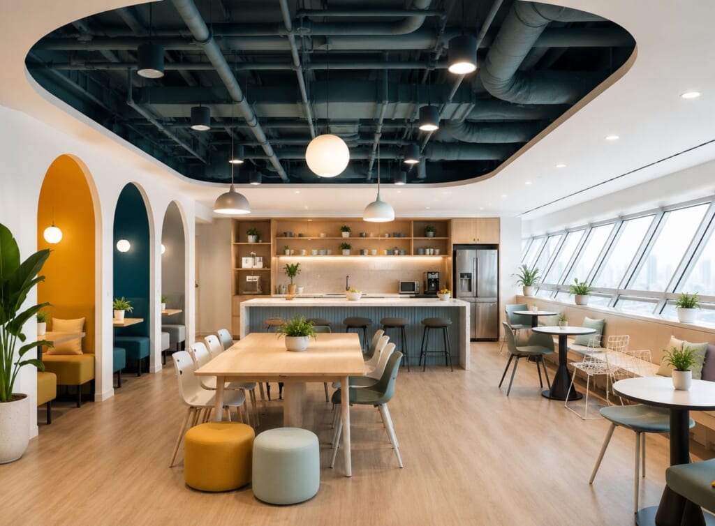 mẫu pantry văn phòng hiện đại, tiện nghi với tone màu xanh trắng