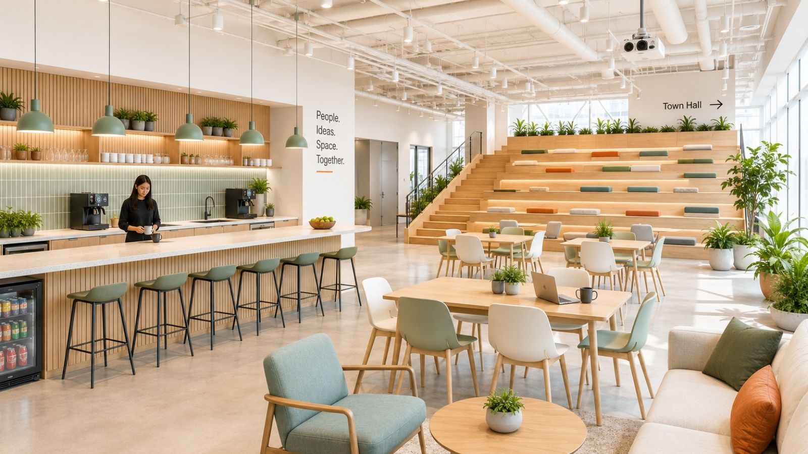 Pantry tích hợp town hall với sảnh ngồi bậc thang bên cạnh