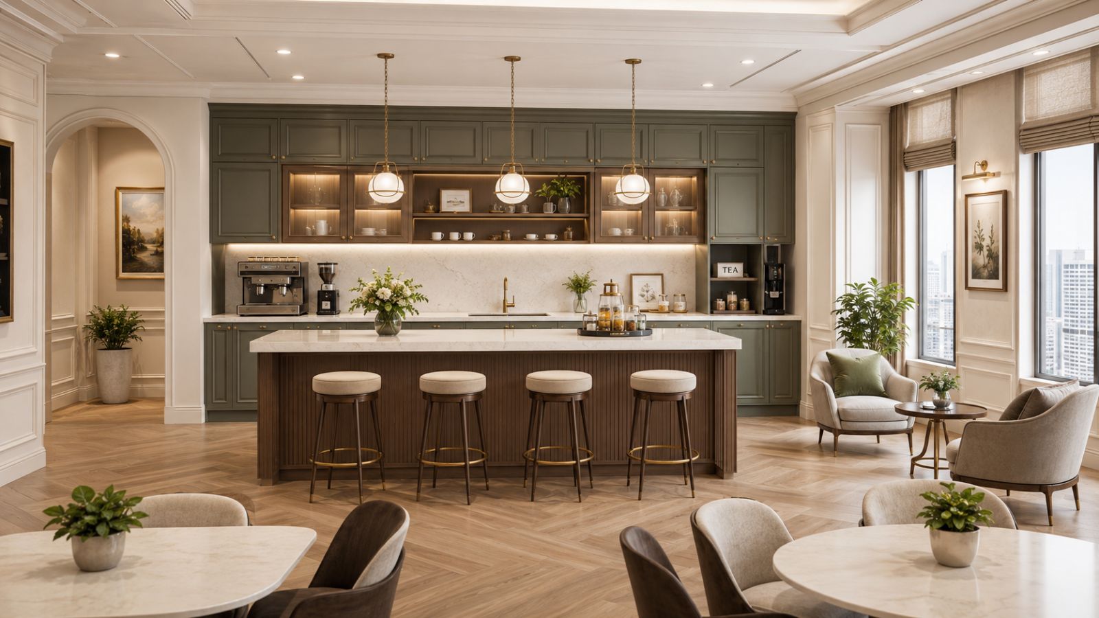 Thiết kế khu vực pantry văn phòng phong cách cổ điển sang trọng với quầy bar và bàn ghế tiện nghi