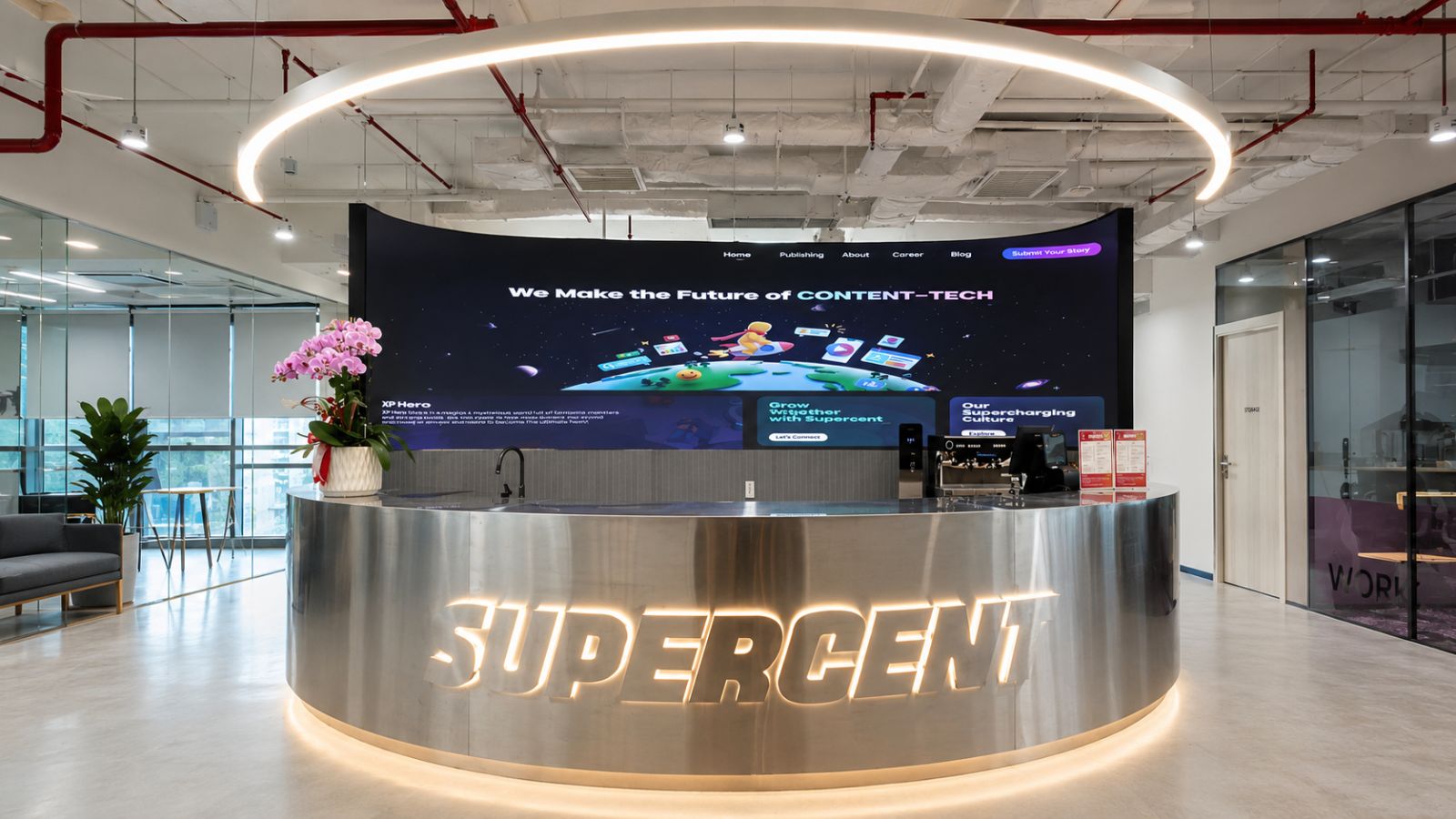 Khu vực quầy lễ tân phong cách Corporate của văn phòng Supercent