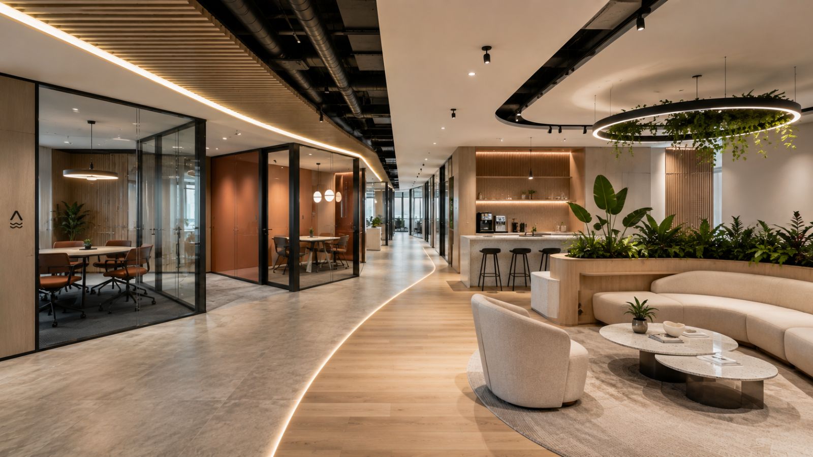 Hành lang văn phòng với phòng họp kính khung đen, quầy bar bếp gỗ và khu lounge sofa cong bo tròn