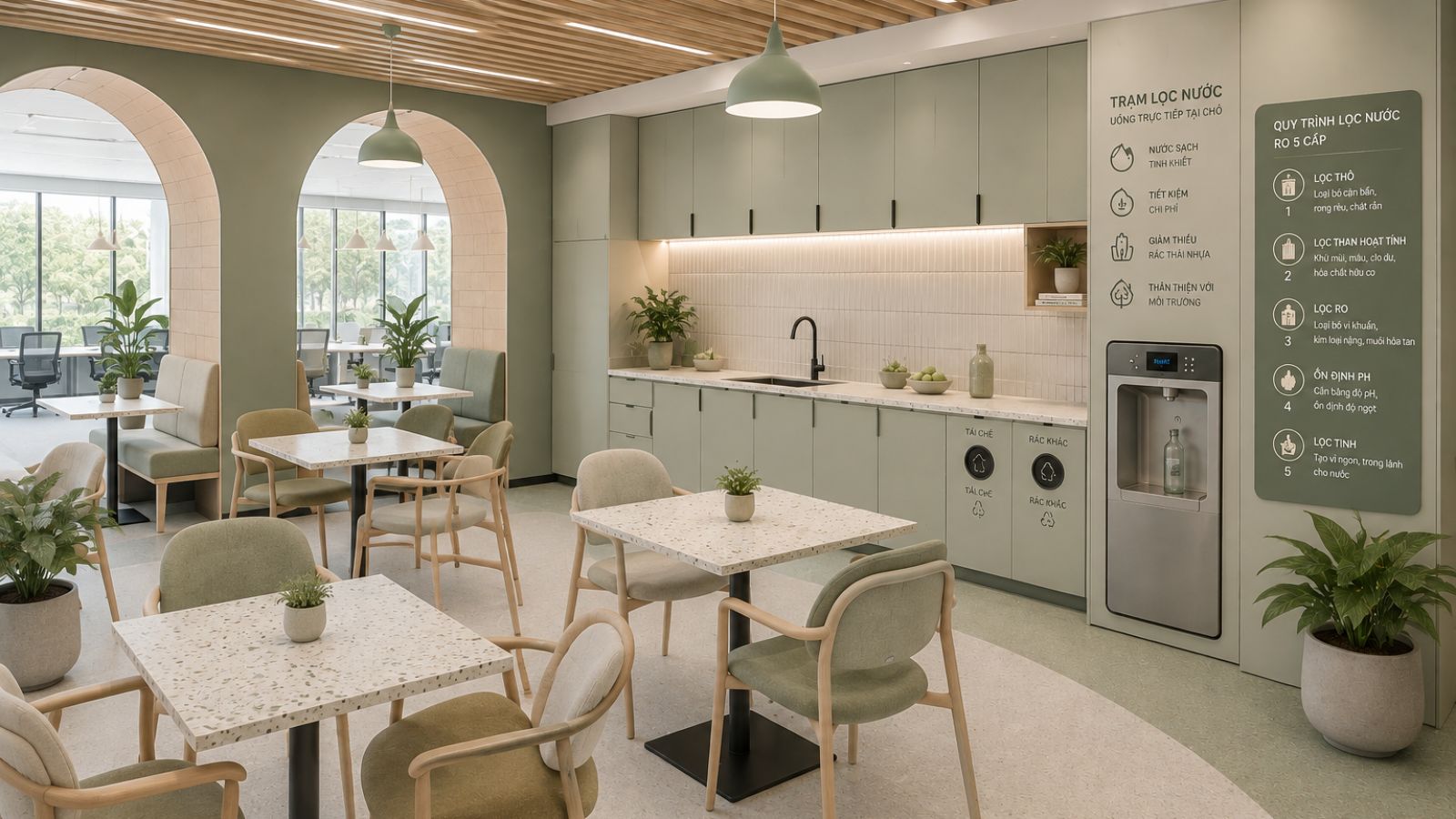 mẫu pantry kết hợp hệ thống máy lọc nước với tone màu xanh mint