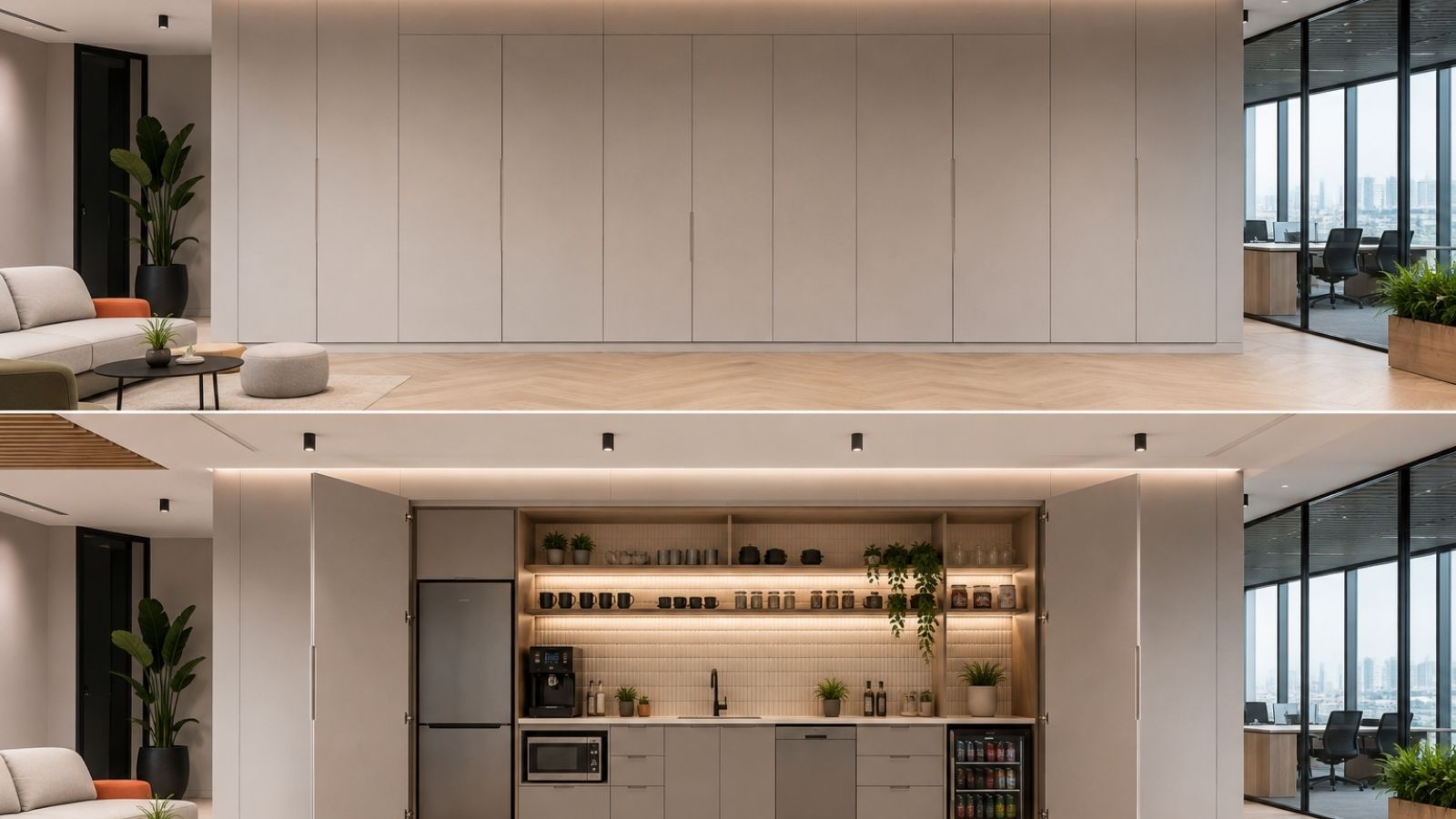 Mẫu pantry văn phòng hiện đại ẩn tường với tone màu be dịu mắt