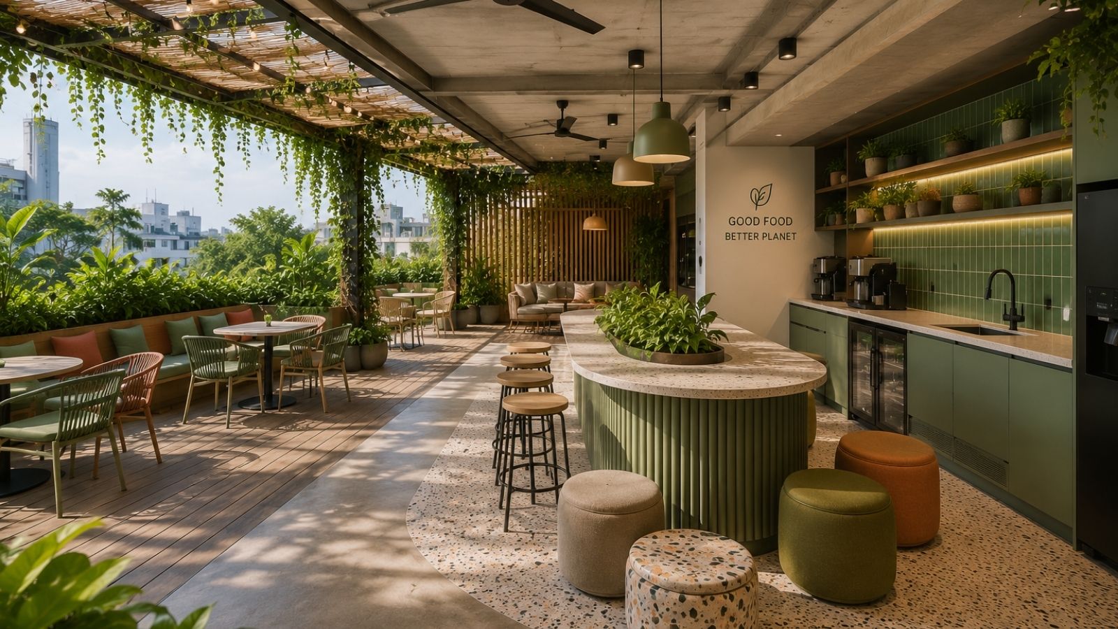 Mẫu pantry tận dụng ánh sáng tự nhiên, một nửa khu vực ở ngoài trời trồng cây xanh và khu vực có mái che bao gồm bàn ghế