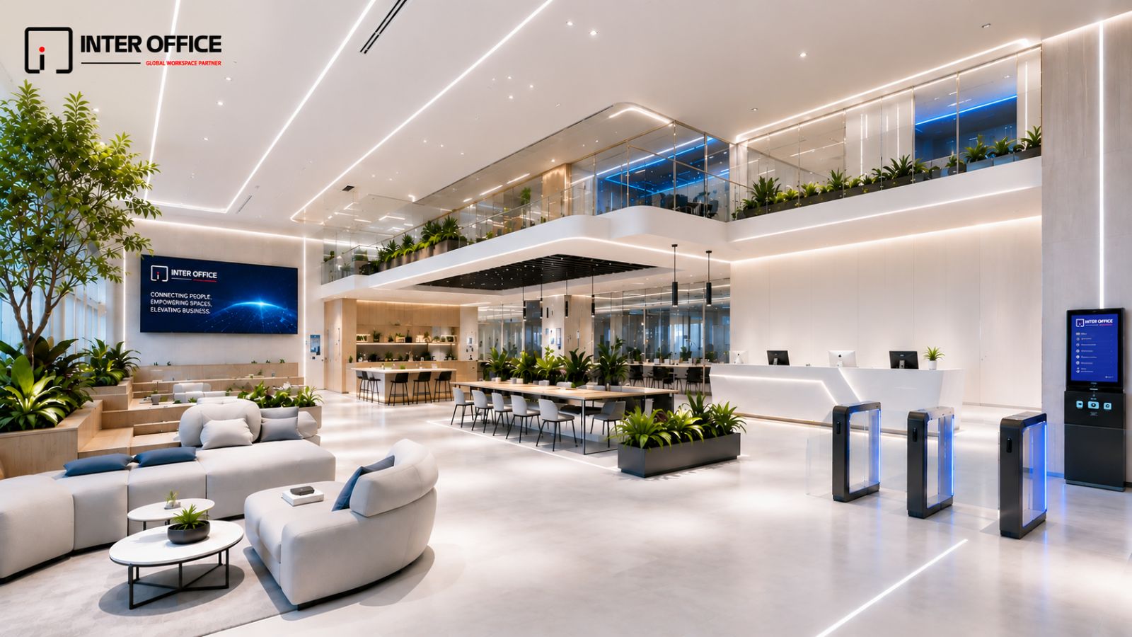 Sảnh lễ tân văn phòng phong cách High Tech với công nghệ kiểm soát ra vào thông minh - Inter Office