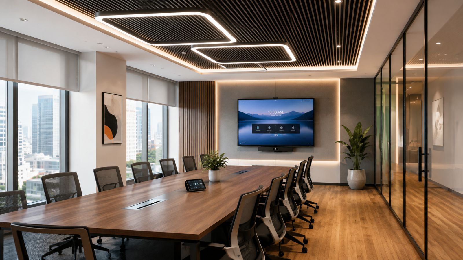 Phòng họp phong cách Á Đông với sàn gỗ, vách nan gỗ và trần thiết kế hiện đại - Inter Office