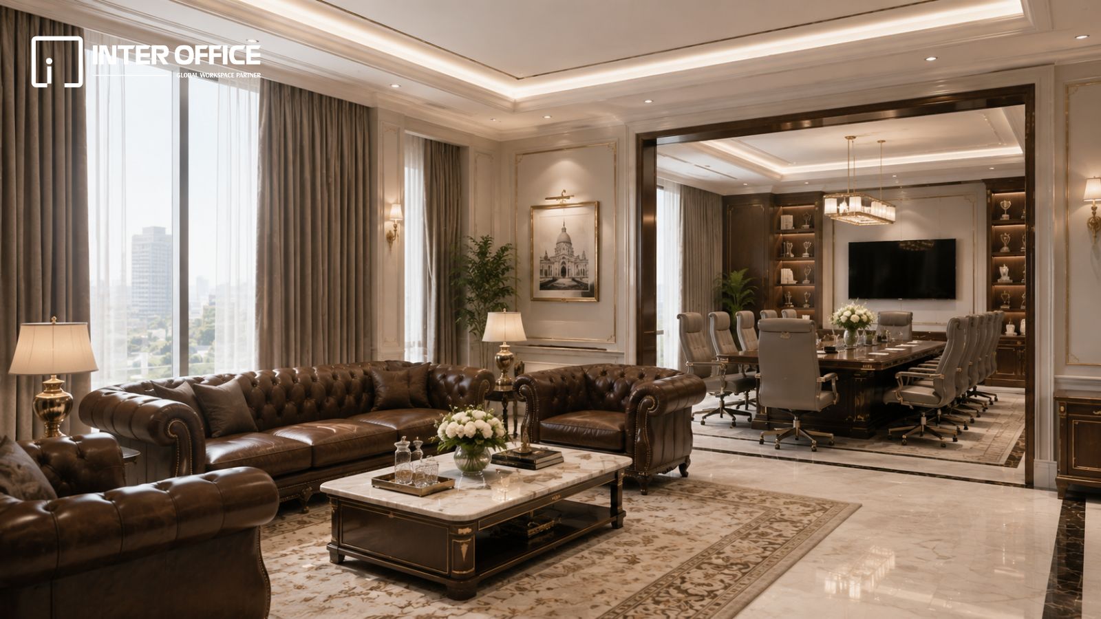Thiết kế phòng tiếp khách văn phòng phong cách cổ điển sang trọng với sofa da và phòng họp cao cấp