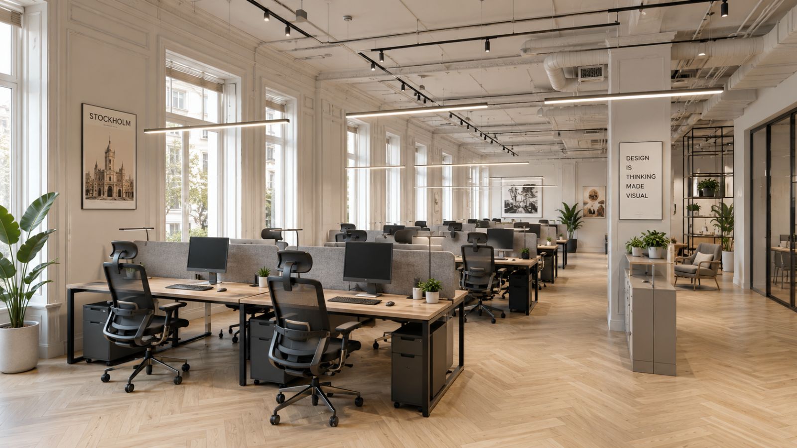 Không gian làm việc mở phong cách Châu Âu với bàn workstation gỗ sáng, vách ngăn xám, sàn gỗ xương cá, cửa sổ lớn và góc lounge tiếp khách