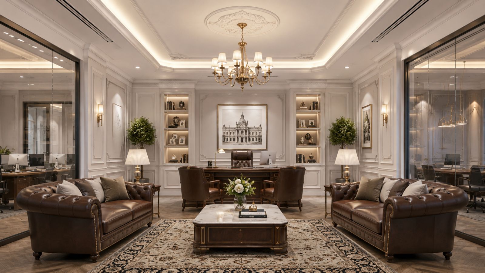 Phòng giám đốc phong cách tân cổ điển với sofa Chesterfield da nâu, bàn làm việc gỗ, đèn chùm đồng và tường phào chỉ trắng