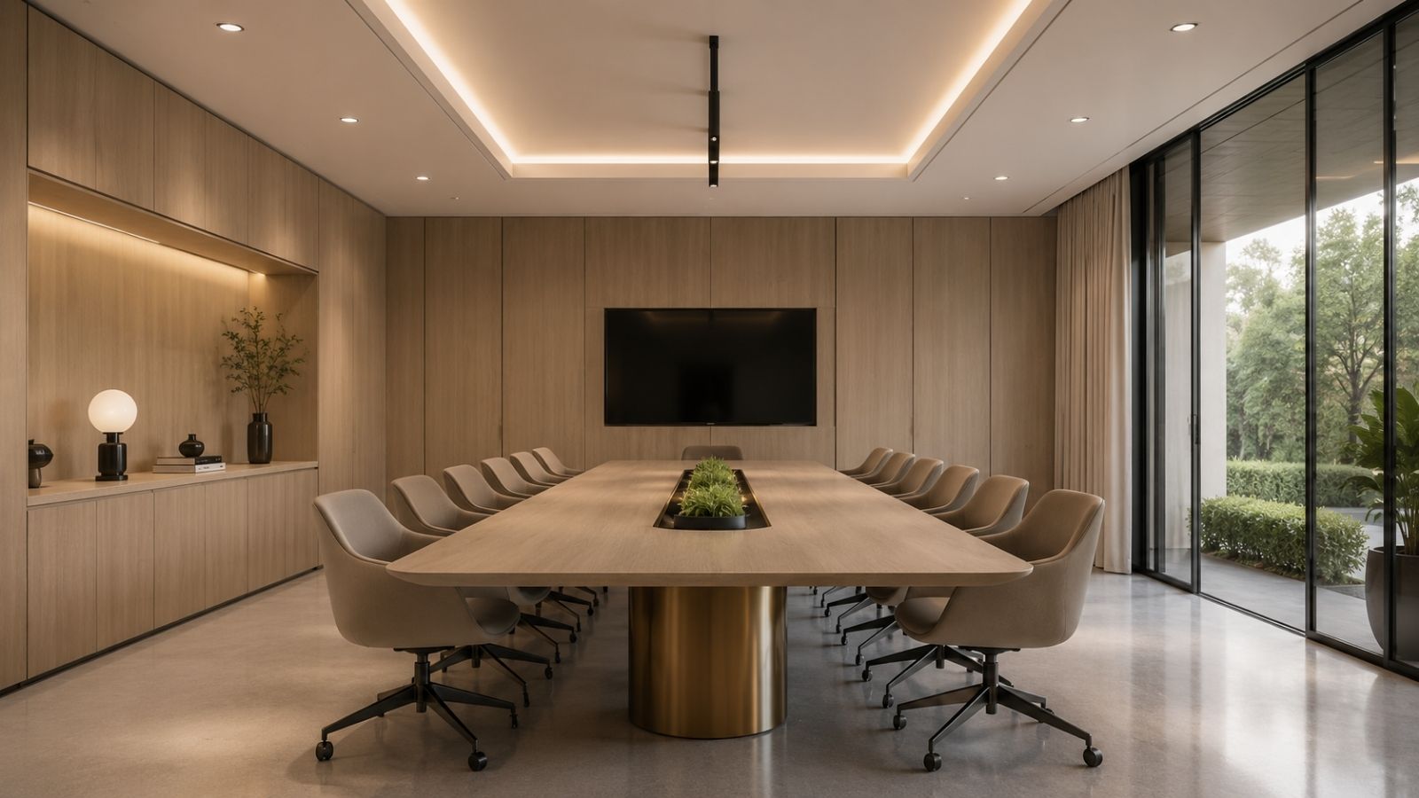 Gỗ veneer, kính và kim loại được sử dụng 1 cách tiết chế trong phòng họp