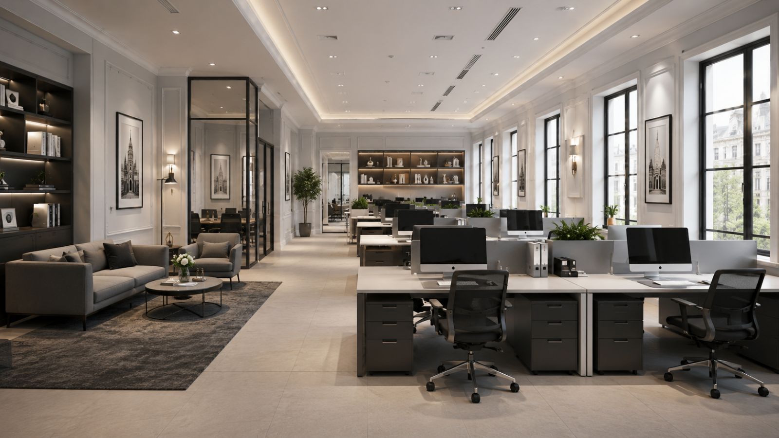 Văn phòng làm việc phong cách Châu Âu tông xám đen với bàn workstation, sofa tiếp khách, cửa sổ lớn lấy sáng tự nhiên và vách kính phòng họp