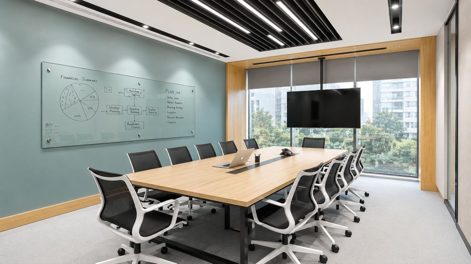 Bàn họp chữ nhật dáng dài chất liệu gỗ MDF cao cấp, phong cách tối giản với bảng viết dài