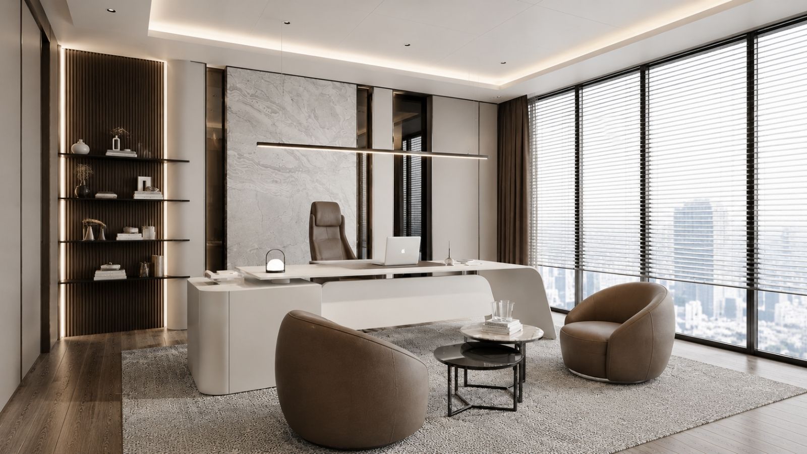 Không gian phòng giám đốc cổ điển với ghế sofa bọc da tròn và vách tường ốp đá marble trắng sang trọng