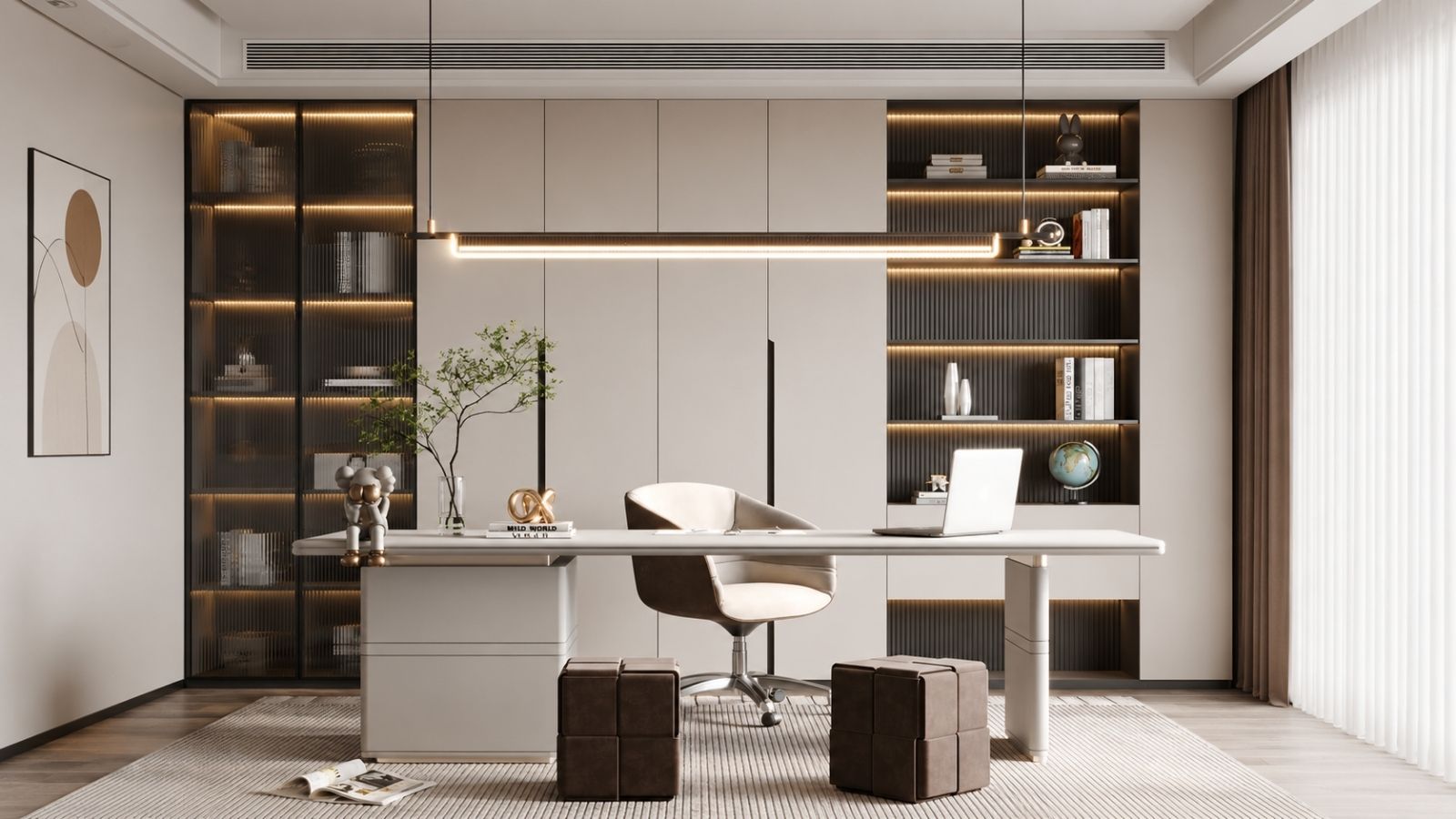 Phòng làm việc hiện đại với thiết kế tối giản, nội thất gam màu trung tính kết hợp hệ tủ kệ và ánh sáng ấm áp