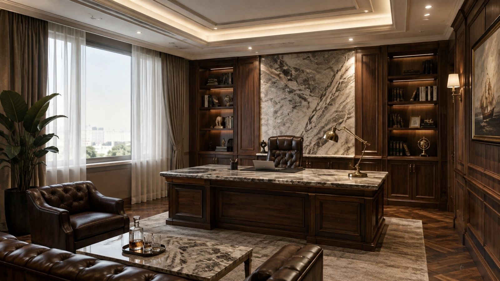 Mẫu phòng giám đốc tân cổ điển với hệ vách làm bằng đá và kết hợp ghế bọc da